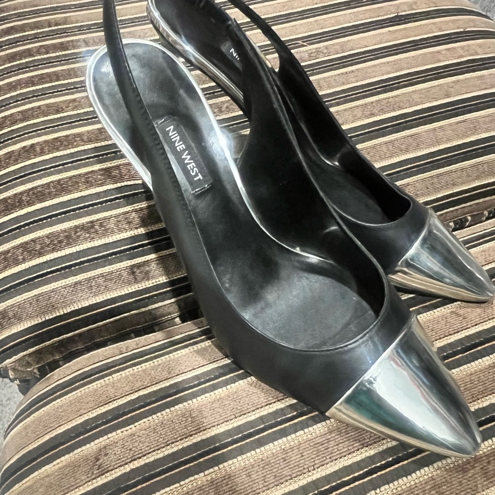 Nine West Black Slingback Pointed-Toe Flats with Silver Cap Toe